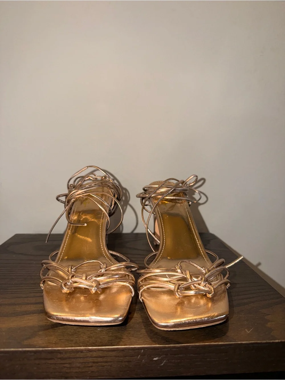Metallic Rose Gold Strappy Block Heel Sandals